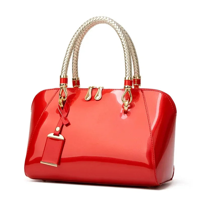 Shiny Faux Leather Boston Bag Deluxe — Ivory | KIMLUD