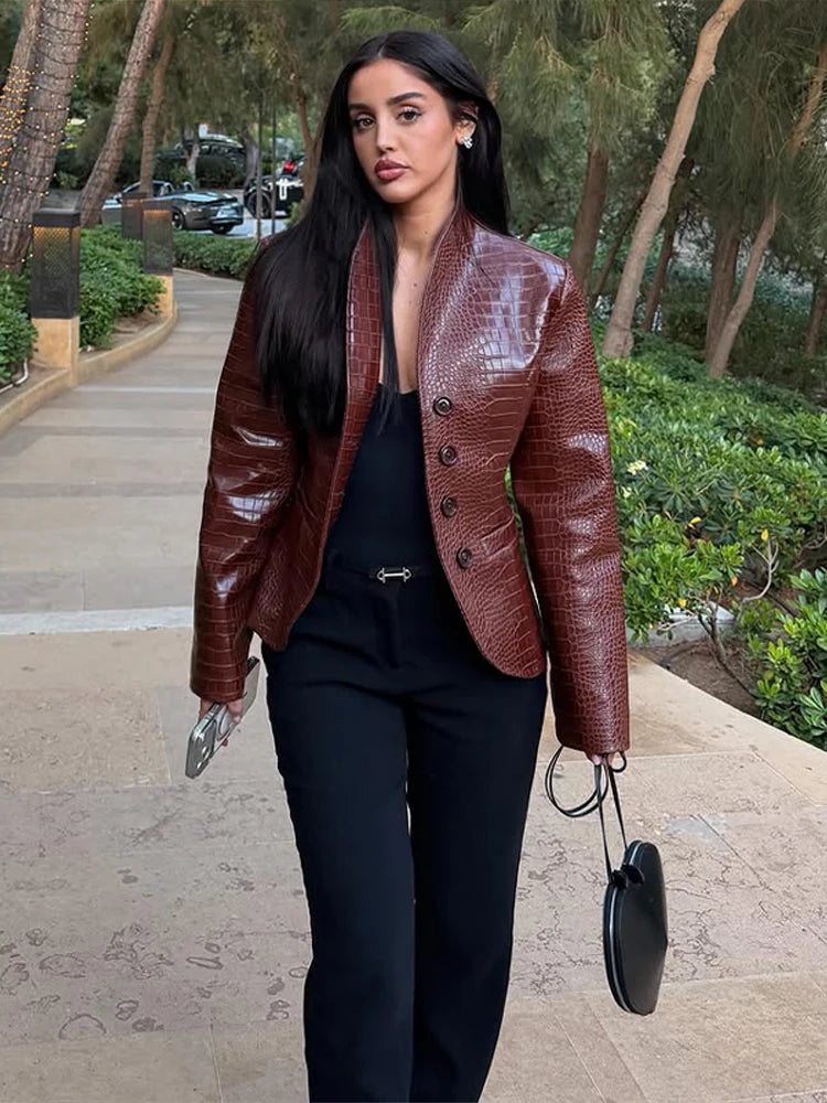 Faux Leather Jacket – Stand Collar Open Front – Slim Fit – Polyester | KIMLUD