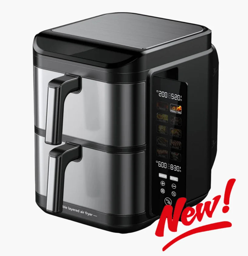 11L New Air Fryer 5.5L+5.5L Stack Air Fryer With Folding Touch Screen Big Colorful Menu