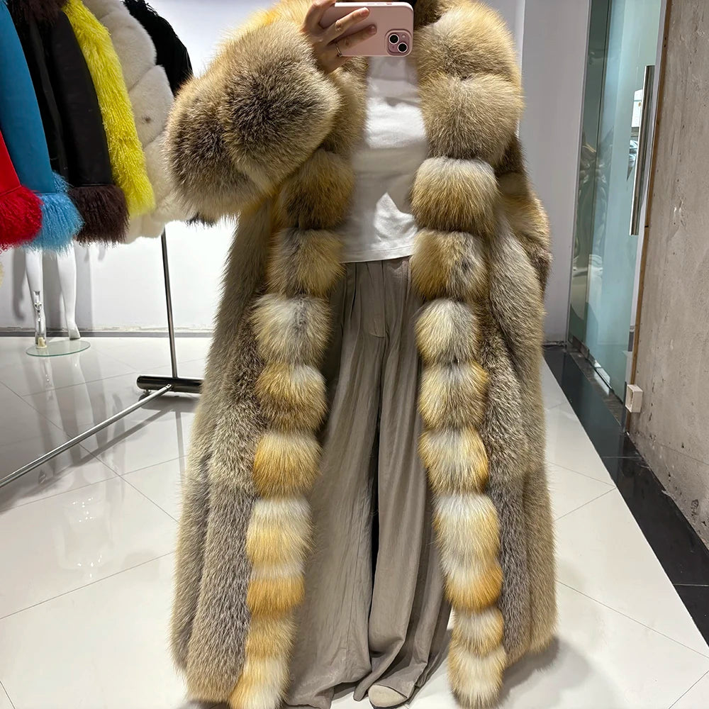 YOLOAgain Luxury Long Real Fox Fur Jacket Coat Women2025 Winter Natural Golden Fox Fur Coat Outerwear