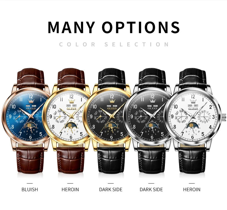 Leather Dress Watch Moon Phase Automatic — Black | KIMLUD