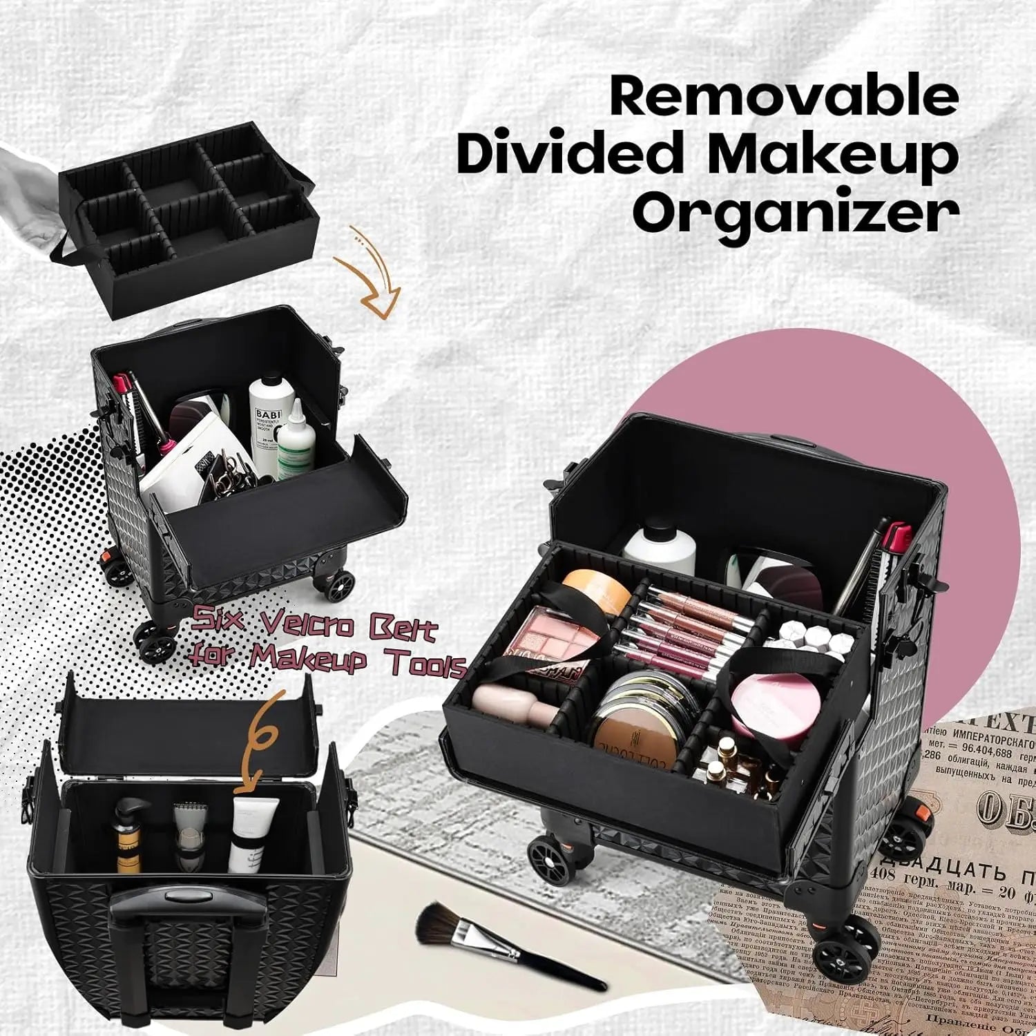 Professional Makeup Train Case on Wheels, Extra Large Cosmetic Case  Rolling Makeup Case Trolley Makeup Organizer with Wheels