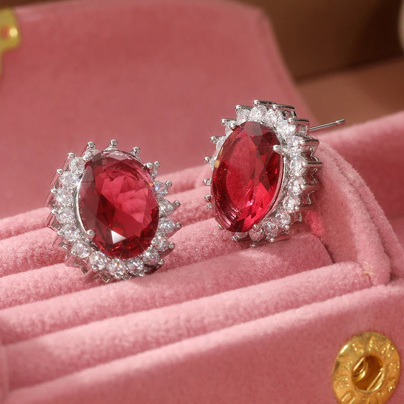 Stud Earrings – Red White Oval CZ Inlay – Copper Alloy – Silver | KIMLUD