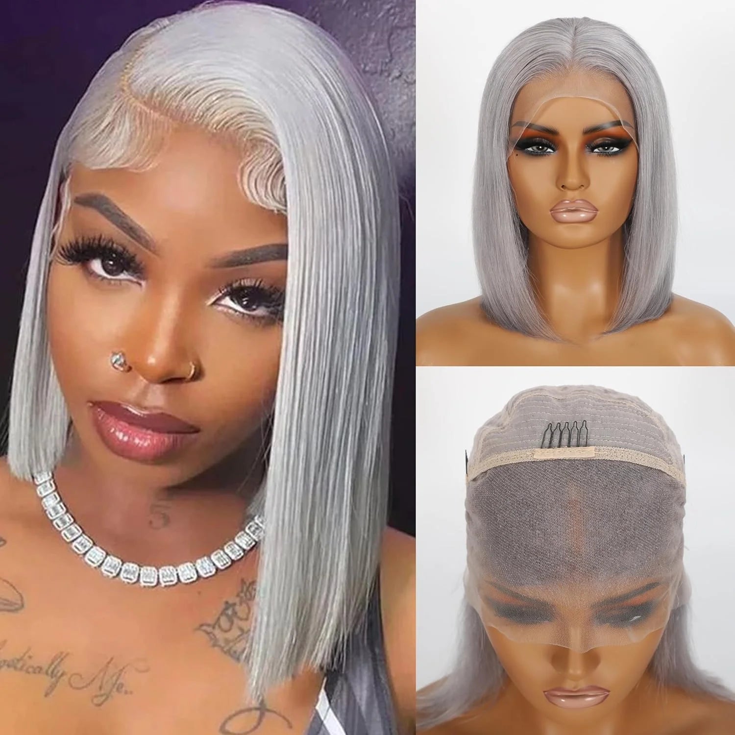 Short Bob Human Hair HD Lace Front Wig - Grey | KIMLUD