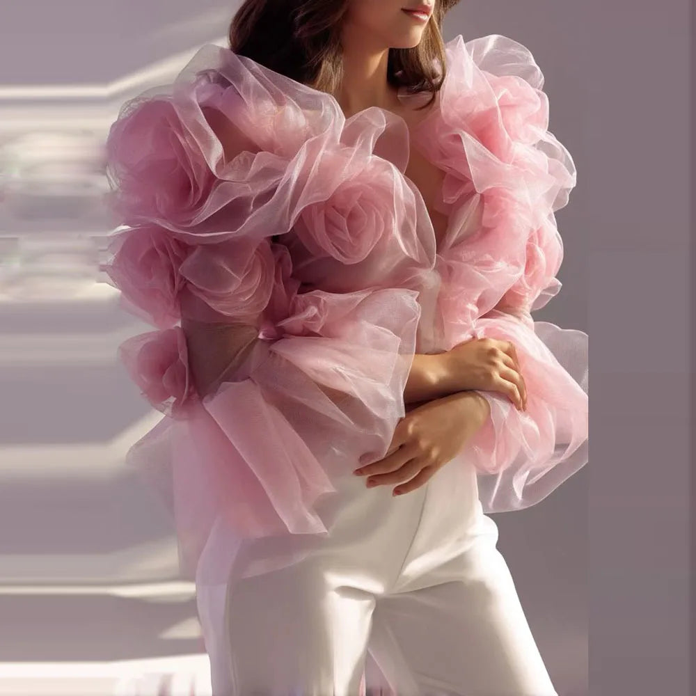 Jacket – Pink Floral Print Mesh Tiered Sleeves – Polyester | KIMLUD
