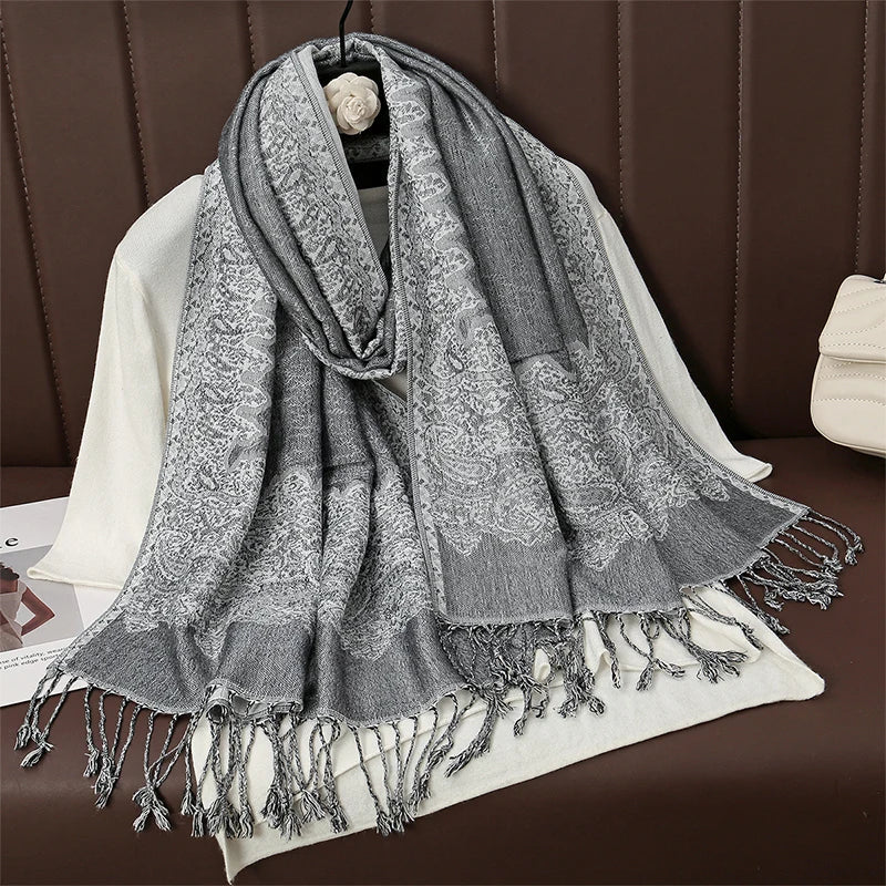 Cashmere Pashmina Shawl With Autumn Print Design, Olive Accents And Gold-Toned Fringe — Red | KIMLUD