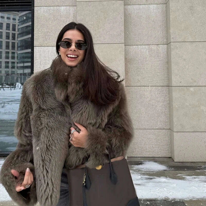 Fashion Brown Faux Fur Overcoat Women Luxury Lapel Long Sleeve Fluffy Coat 2025 Winter Female Thicken Warm High Street Outwear