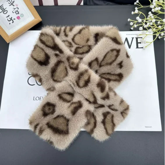 KIMLUD, Winter Leopard Faux Rabbit Fur Scarf Women Girls Scarf Soft Plush Scarves Solid Color Neck Collar Warmer Stuff Christma Gift, KIMLUD Womens Clothes