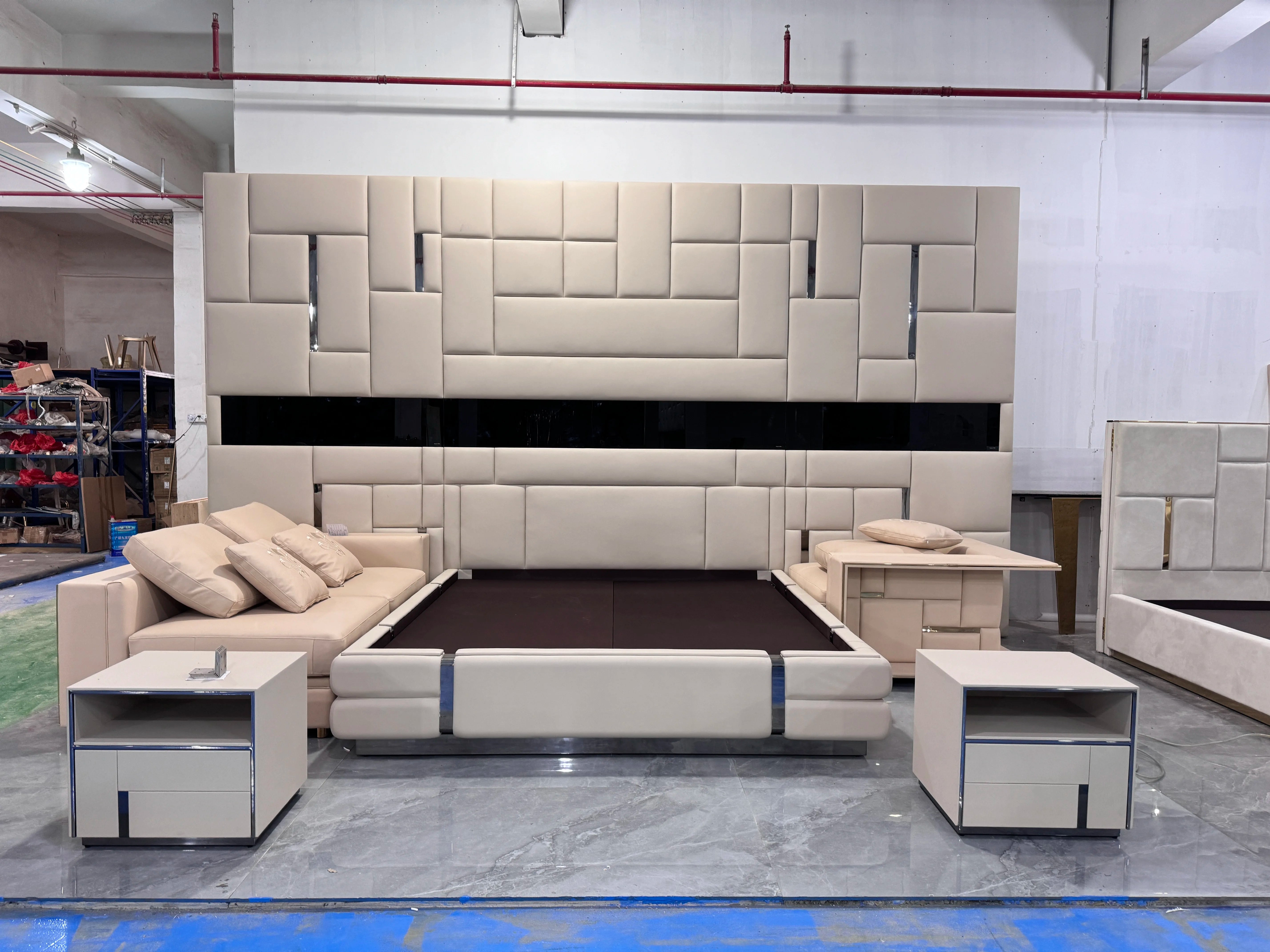 Leather King Size Bed With Tall Headboard — Ivory | KIMLUD