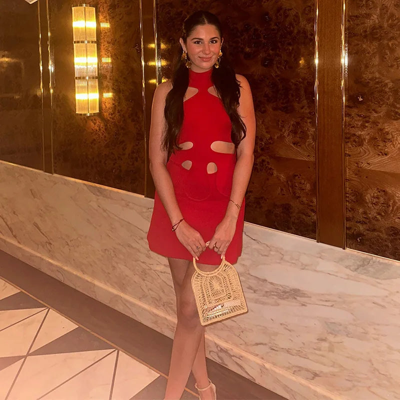 Elegant Halter Women's Dress Sleeveless Hollow Out Hip Package Lady Mini Dresses 2026 Spring Summer Chic Female Robe Holiday