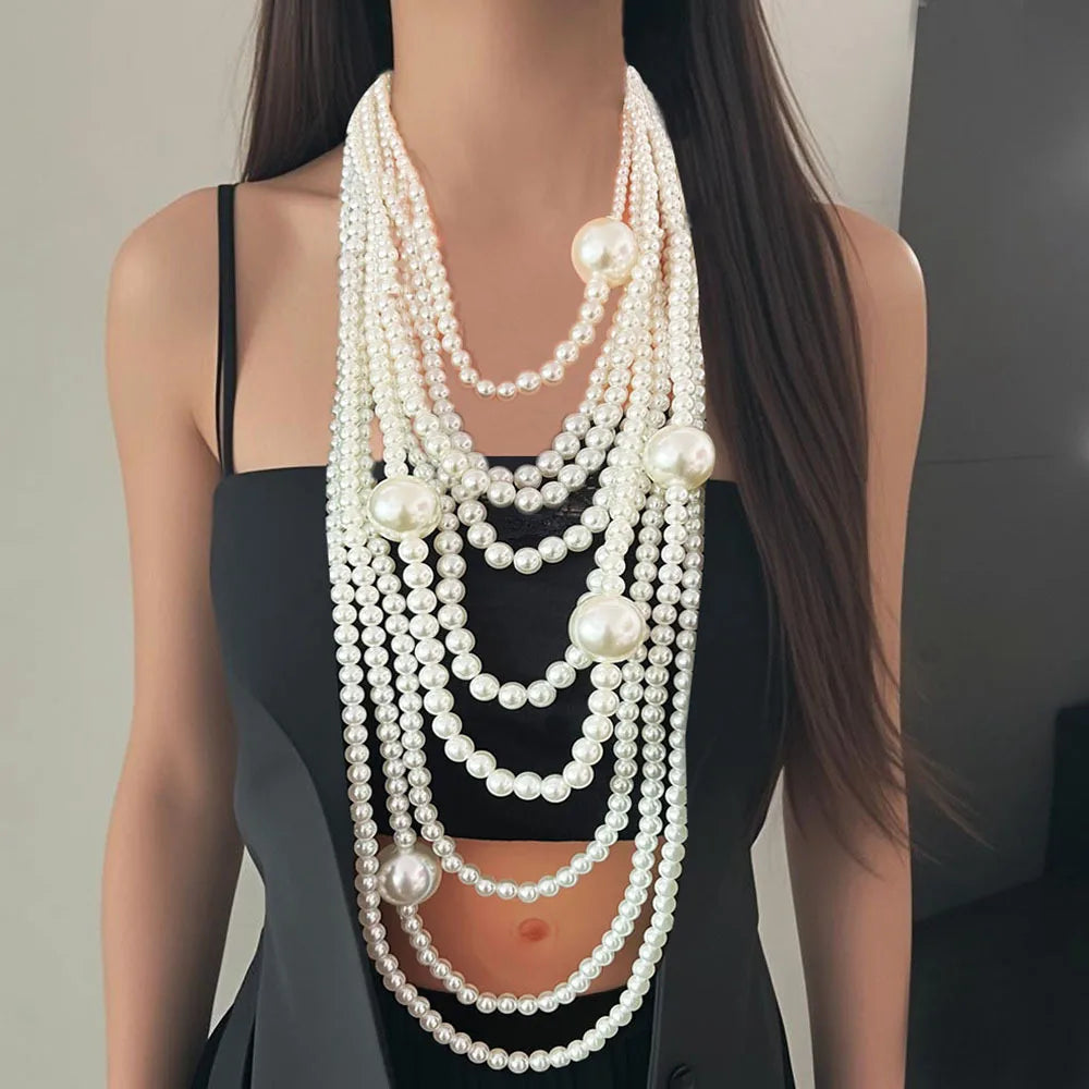 Exaggerated Long Pearl Necklaces Sweater Chain — White | KIMLUD