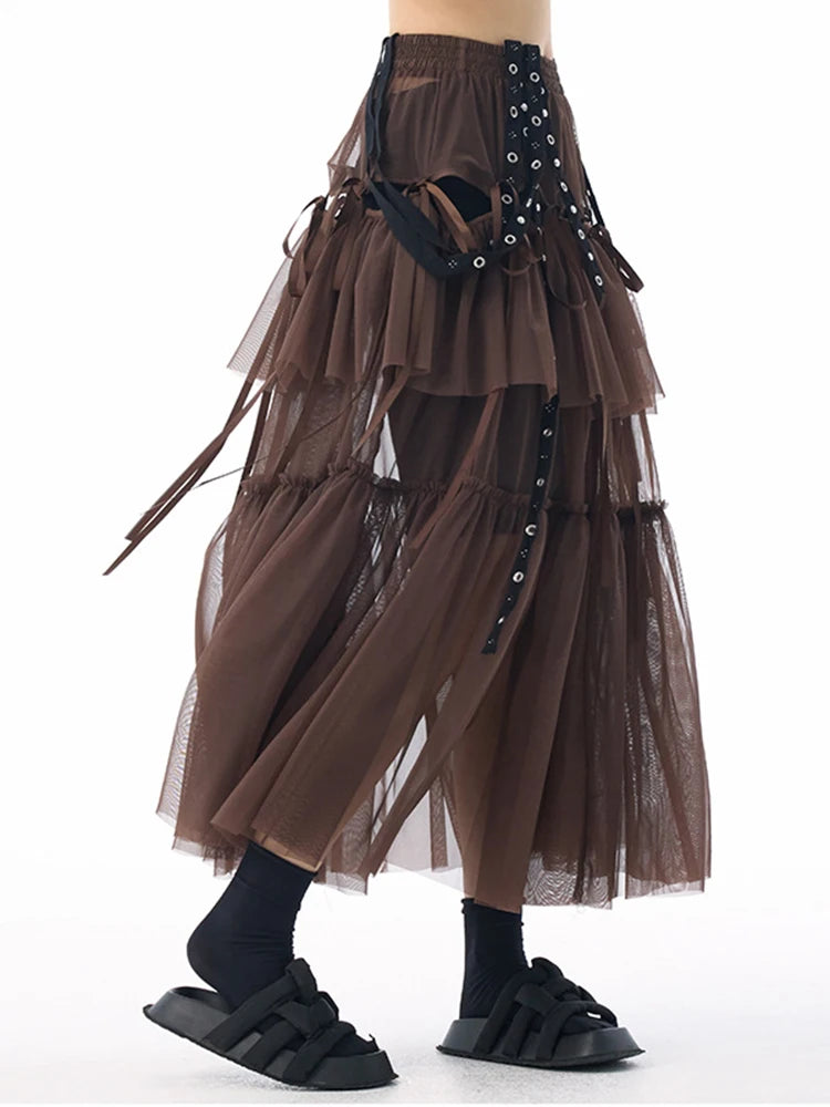 Midi Skirt - High Elastic Waist - Cotton Polyester - Coffee | KIMLUD