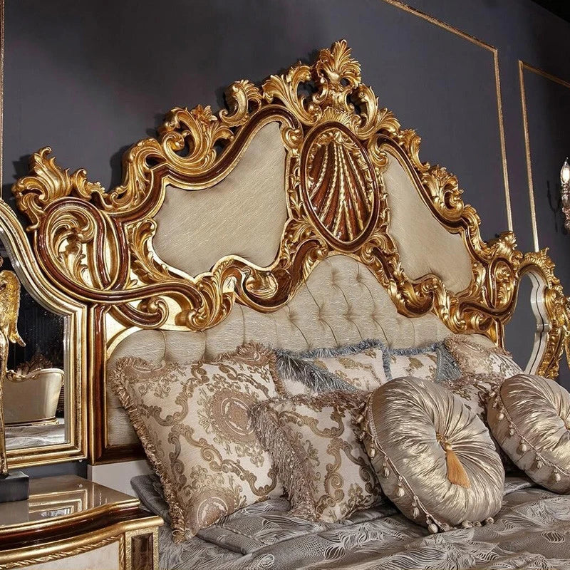 Elegant Hand Carving Design Vintage Gold Wooden King Queen Bed Classical Fabric Upholstered Luxury Bedroom Furniture