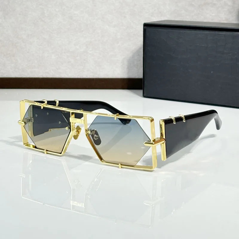 Metal Hexagon Sunglasses With Acetate Frame — Tortoiseshell Brown | KIMLUD