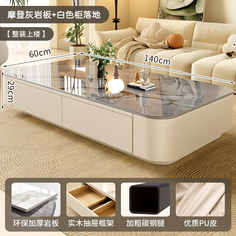Rock-Slab Coffee Table With Wooden Frame — White | KIMLUD