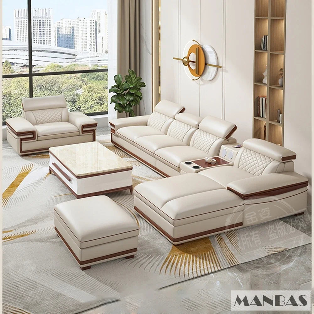 Genuine Italian Leather Sofa Set With Adjustable Headrests — Ivory | KIMLUD