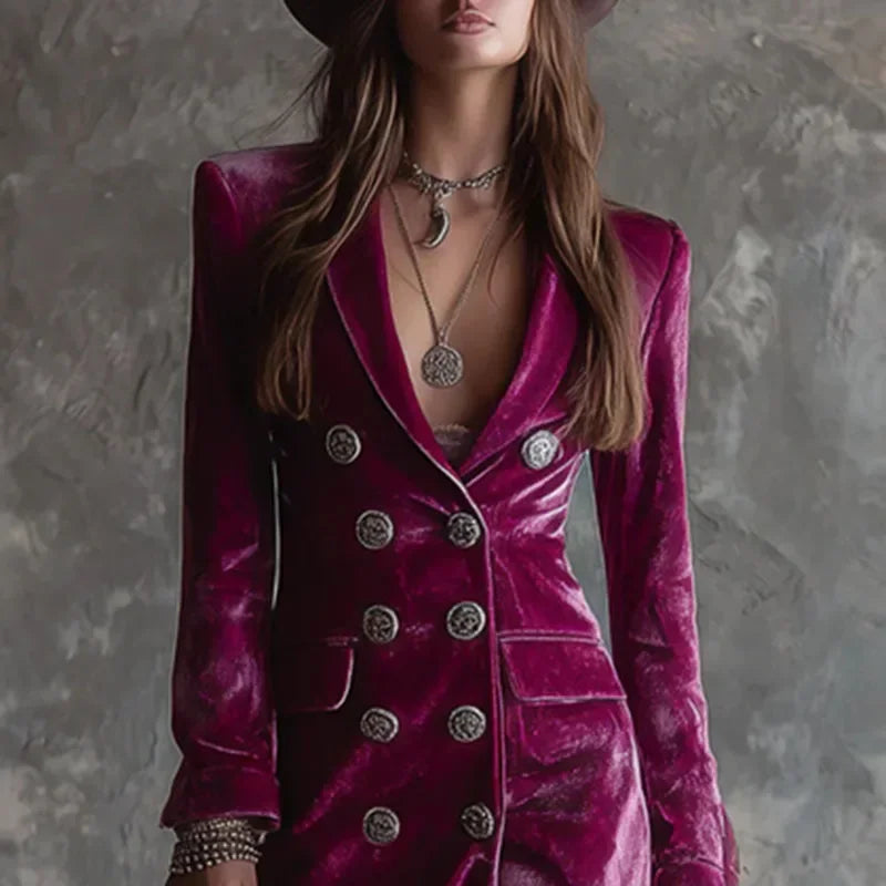 Fall Winter Double Breasted Velvet Cardigan Dress Woman Elegant Lapel Hollow Split Long Dress Vintage Long Sleeve Office Dresses