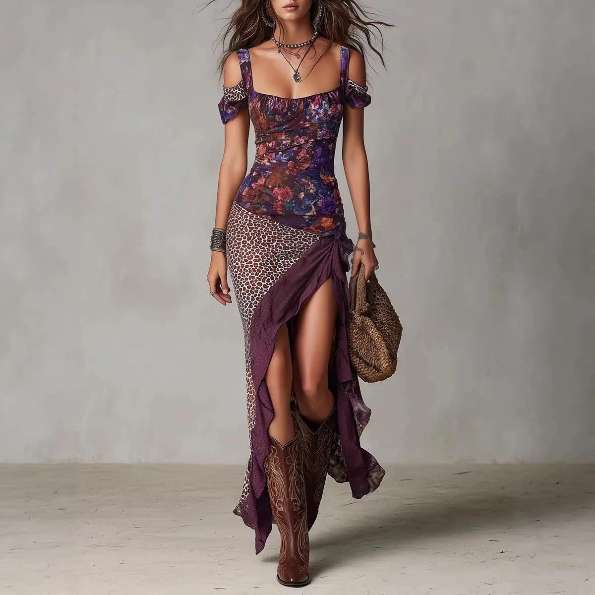 Polyester Floral Patchwork Dress — Multicolor | KIMLUD