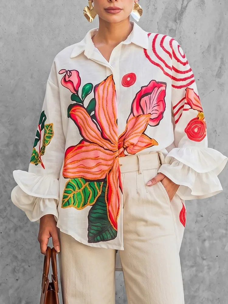 Blouse – Floral Print High-Low Lapel – Polyester – White | KIMLUD