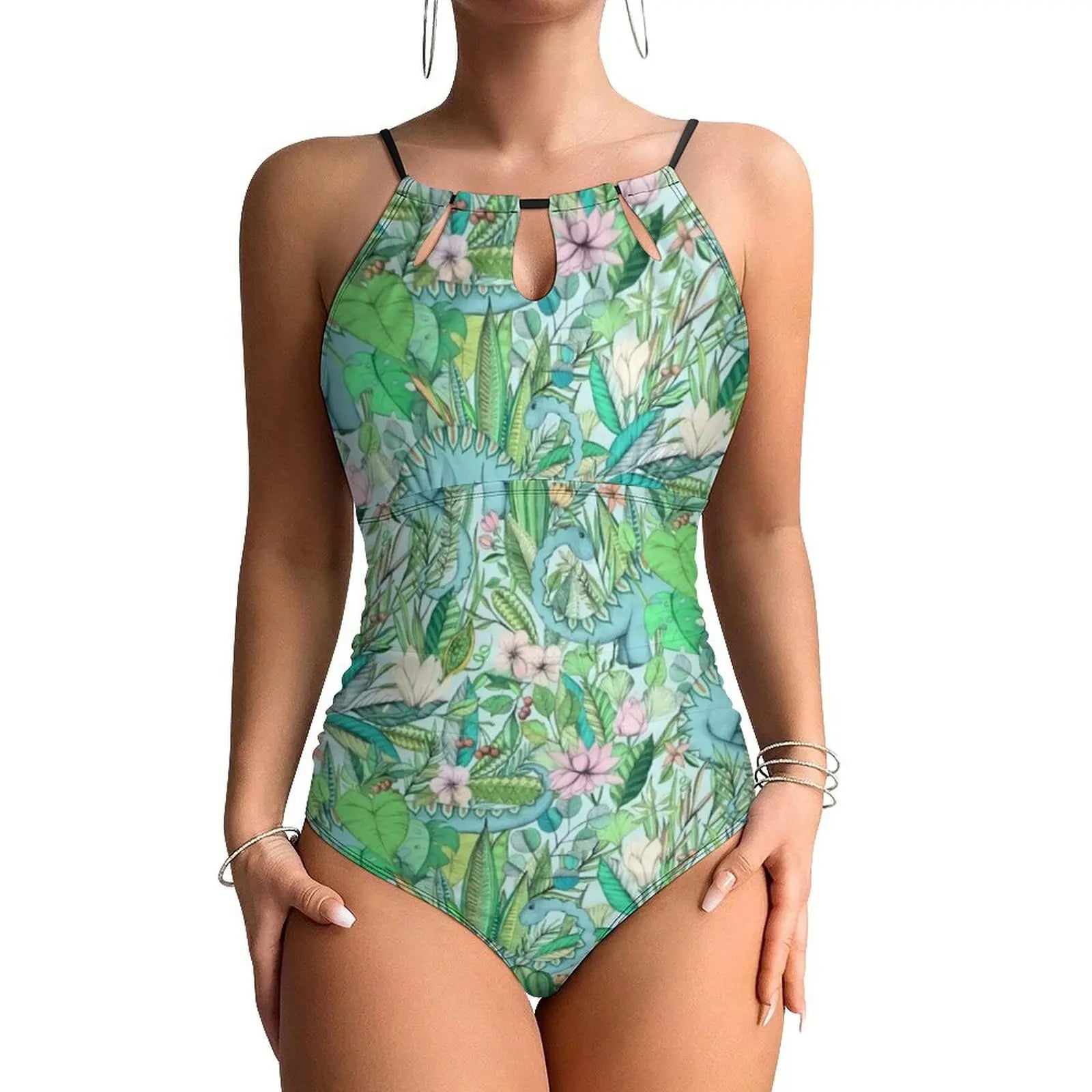 Halter One-Piece Swimsuit With Botanical Dinosaurs Print — Pastel Green | KIMLUD
