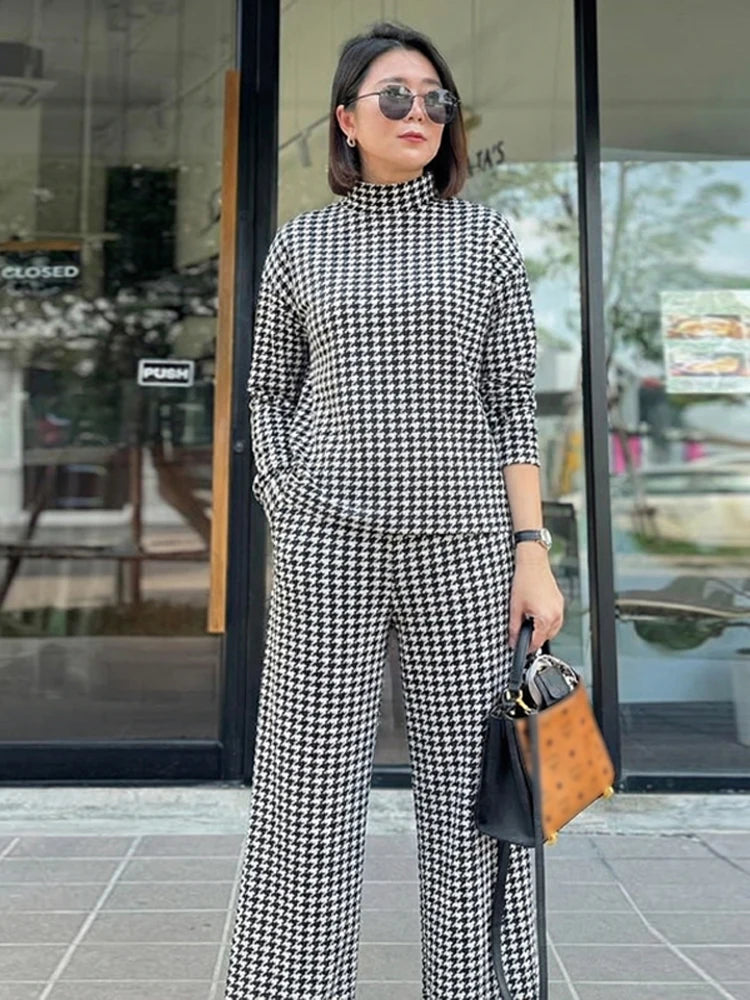 Houndstooth Half High Neck Top Pant Suit Women Color Blocking Full Sleeve Oversized Tops Leg Loose Pants Sets Lady Spring Set