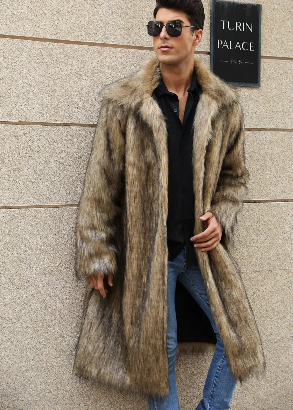 Men's Faux Fur Coat - Long Coat - Faux Fur | KIMLUD