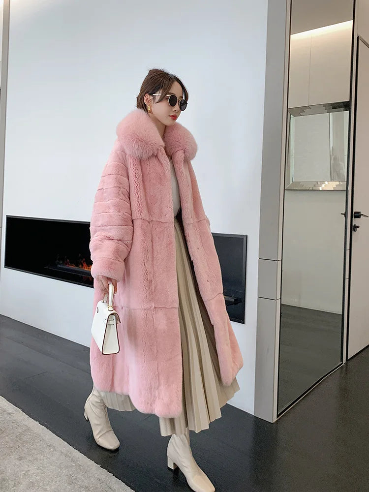 Rabbit Fur Coat – X-Long Rex Rabbit Fur – Fox Fur Collar | KIMLUD