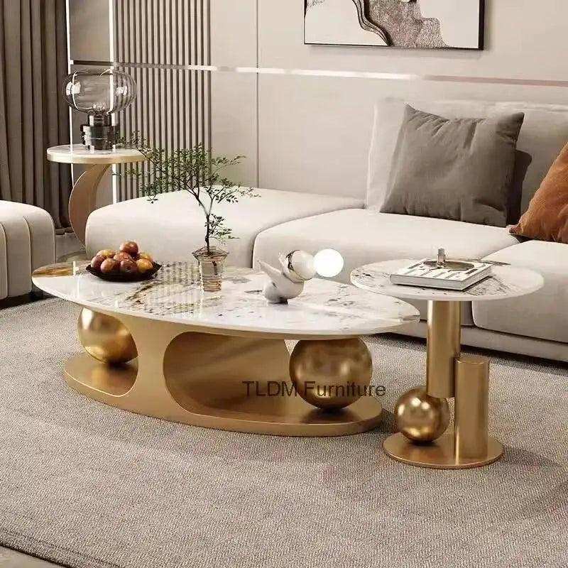 Marble Oval Coffee Tables Brass-Gold Base Nordic Luxury With Italian Art Influence — Ivory | KIMLUD