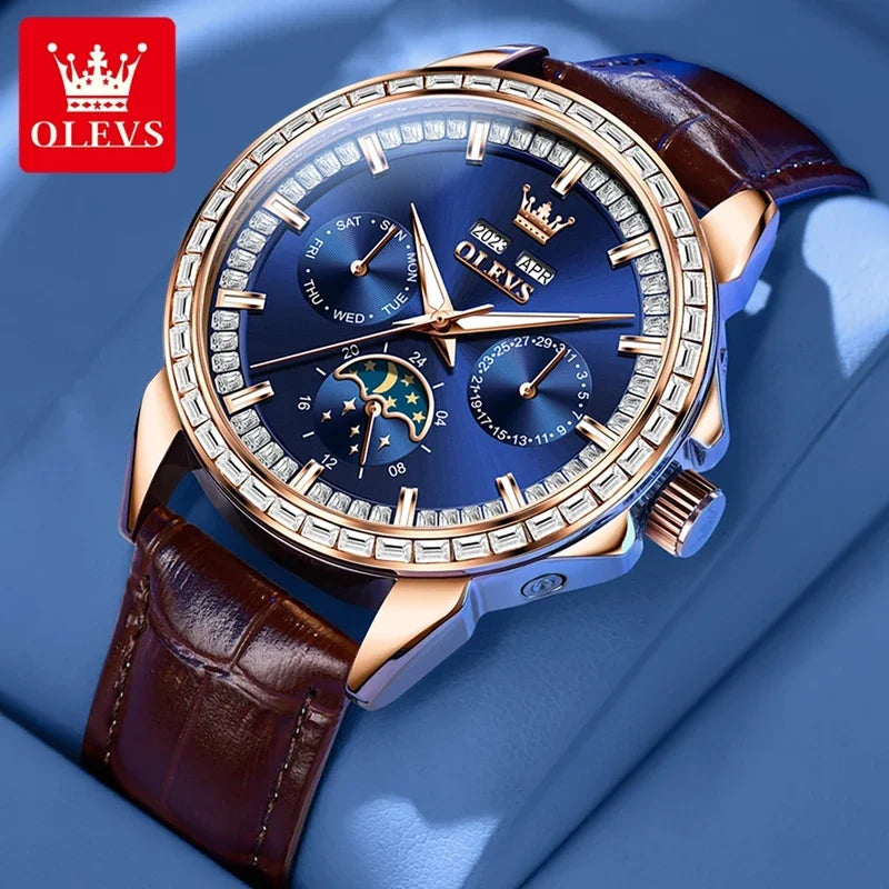 OLEVS 6695 NEW Men's Watches Full Multifunctional Dial Blue Leather Strap Calendar Week Moon Phase Waterproof Wristwatch