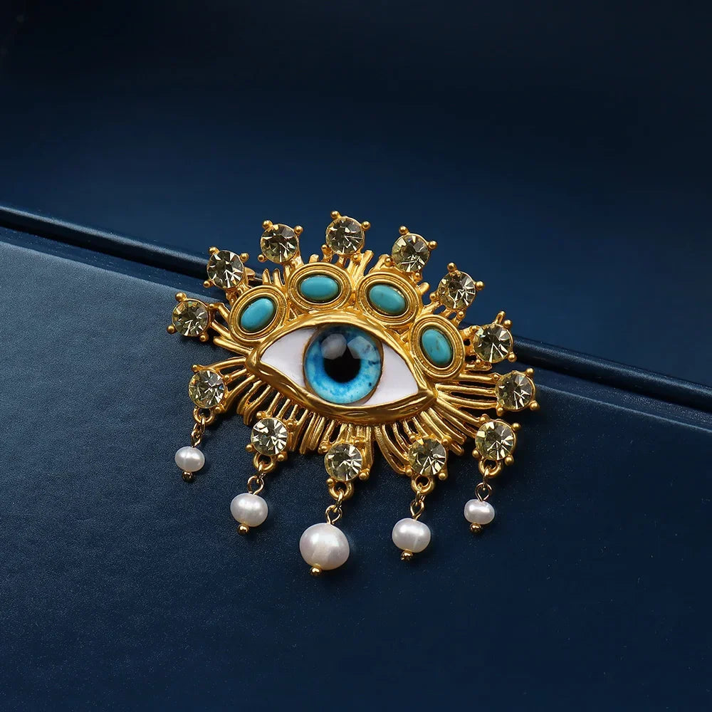 Deluxe Exaggerated Eye Brooch Baroque Pearl Tassel for Men Women Unisex Pin Jewelry Vintage Badge