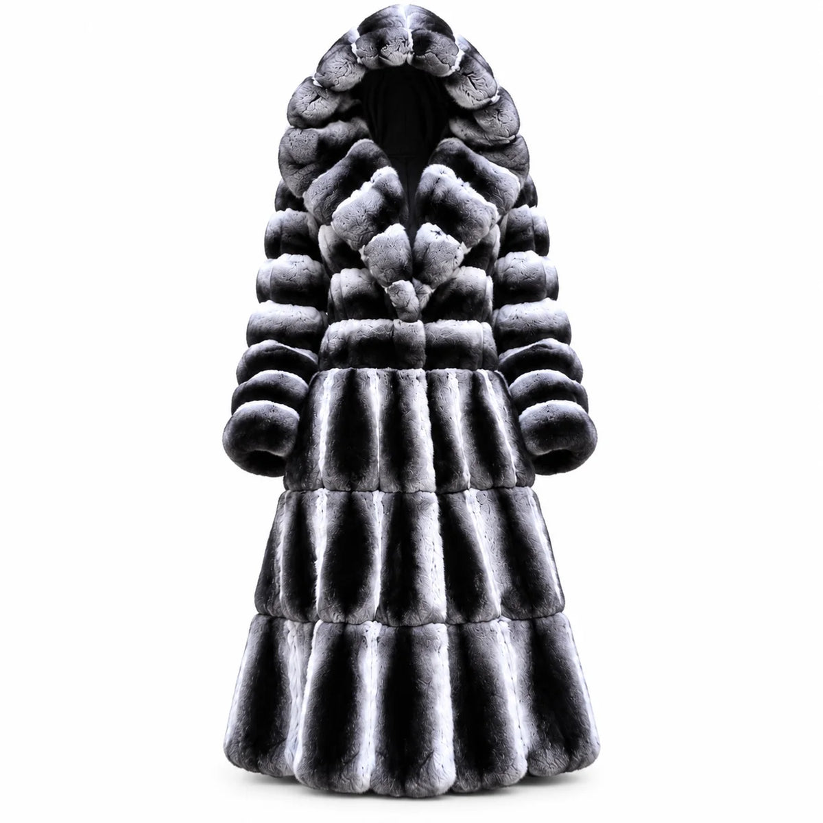 Long Fur Coat – Hooded – Fur – Black Grey Gradient | KIMLUD