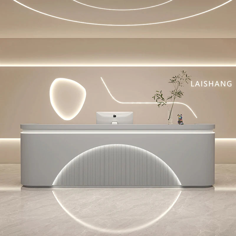 Modern Reception Desk With Integrated LED Lighting — White | KIMLUD