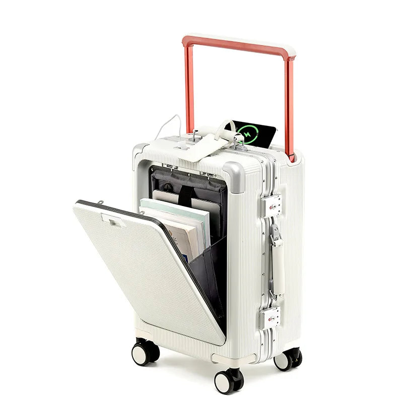 New Suitcase Wide Handle Front Opening Luggage with USB Cup Holder 20/26 Inch Suitcase Trip Cabin Carry-on Password Trolley Case