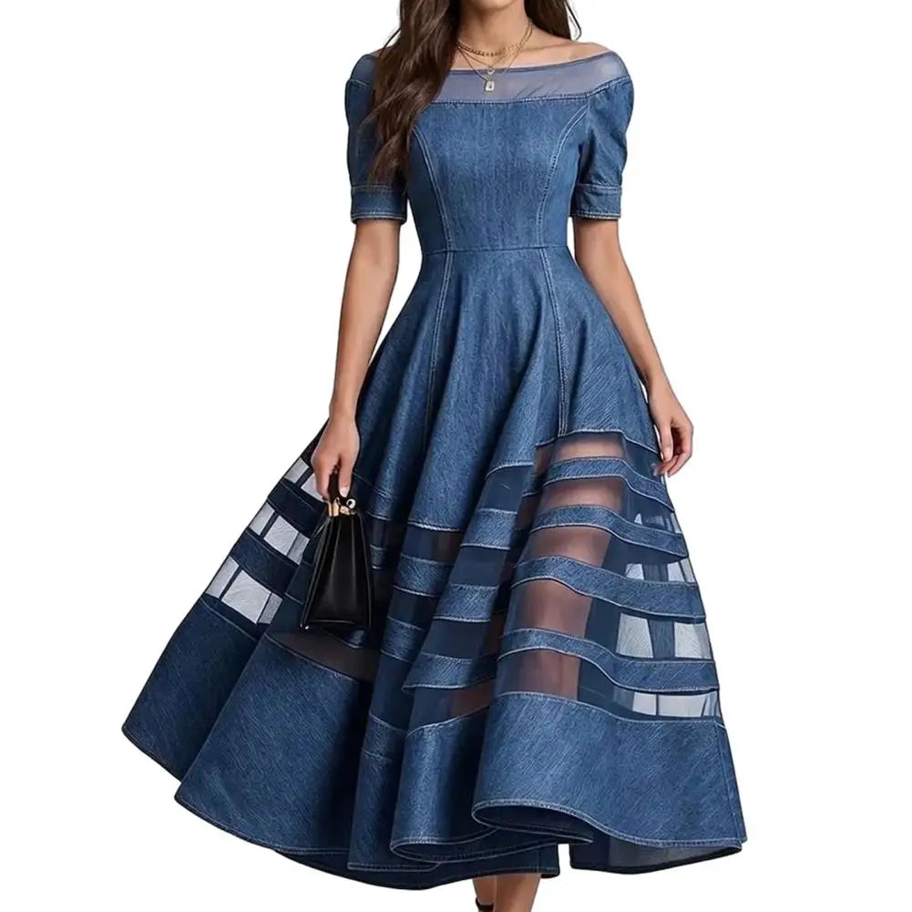 Polyester Patchwork Mesh Off Shoulder Dress — Blue | KIMLUD