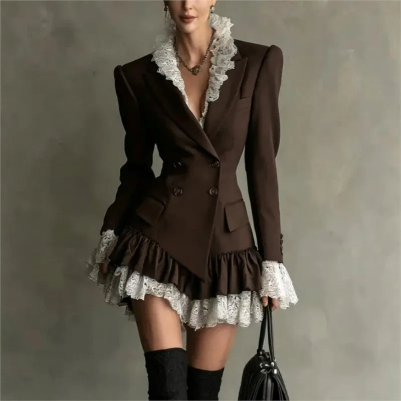 Mini Dress – Double Breasted Lapel – Lace Ruffle Silhouette – Polyester | KIMLUD