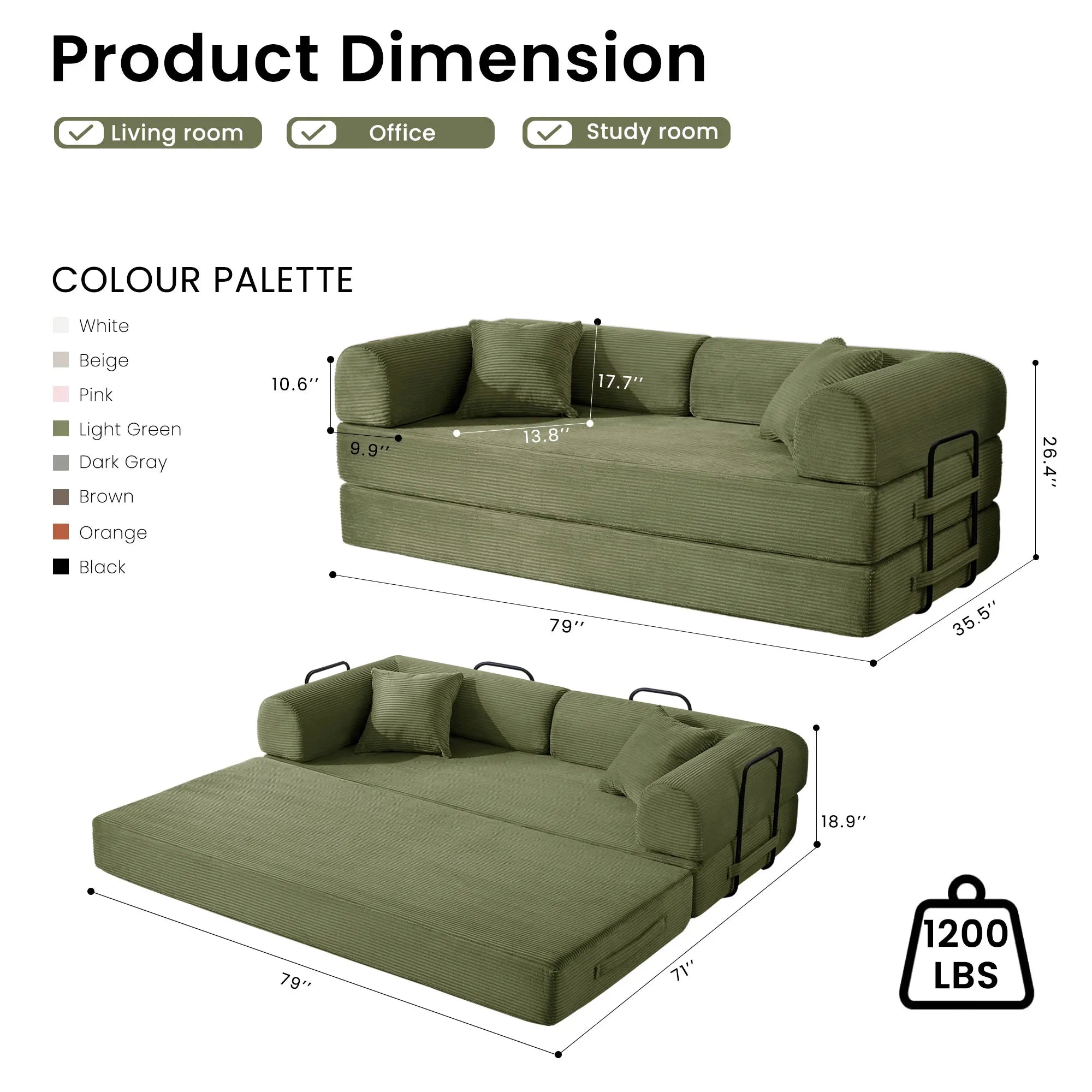 Corduroy Folding Convertible Sofa Bed — Olive | KIMLUD