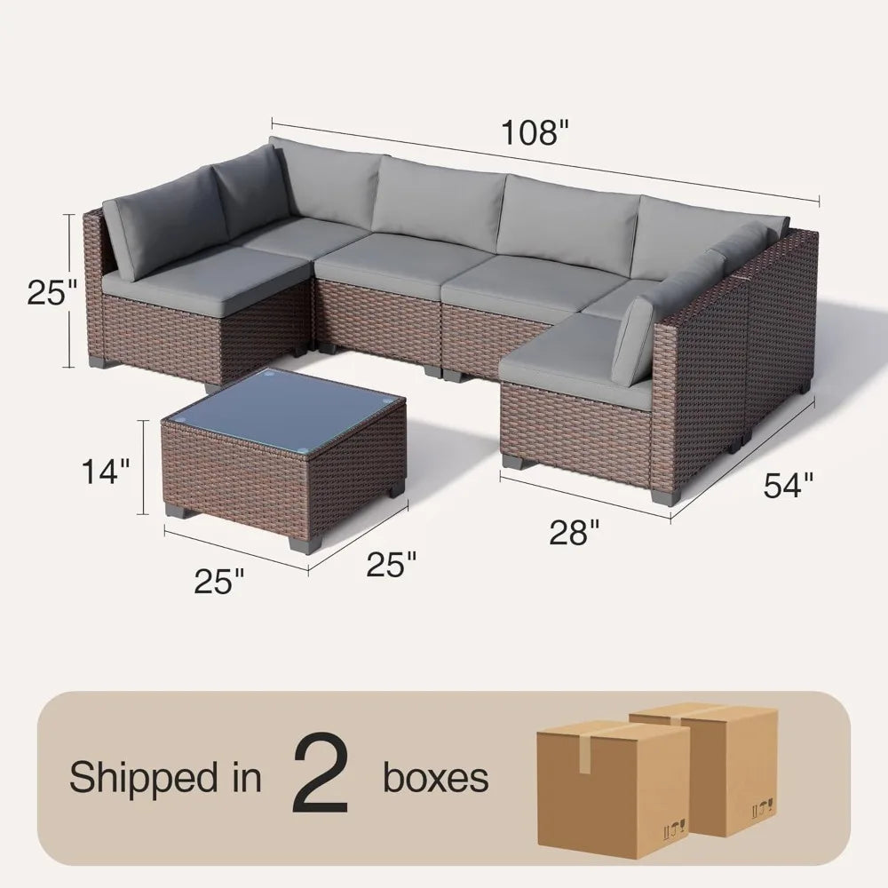 7 Pieces Outdoor Patio Furniture Set, PE Rattan Outdoor Wicker Sectional Furniture Sofa Set, with Cushions