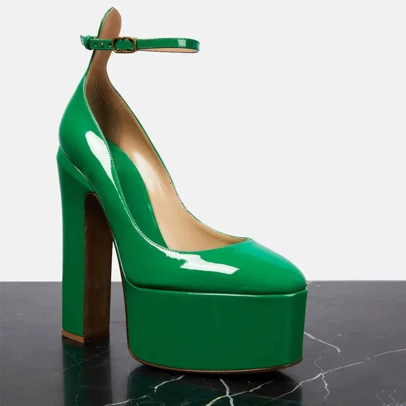Patent Leather Platform Sandals Round Toe Ankle Buckle — Black | KIMLUD