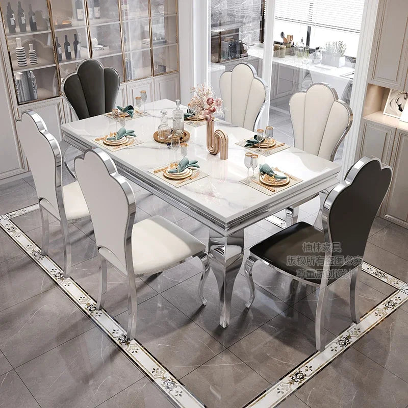 Marble Dining Table With Gold Accents And Rectangular Design — White | KIMLUD