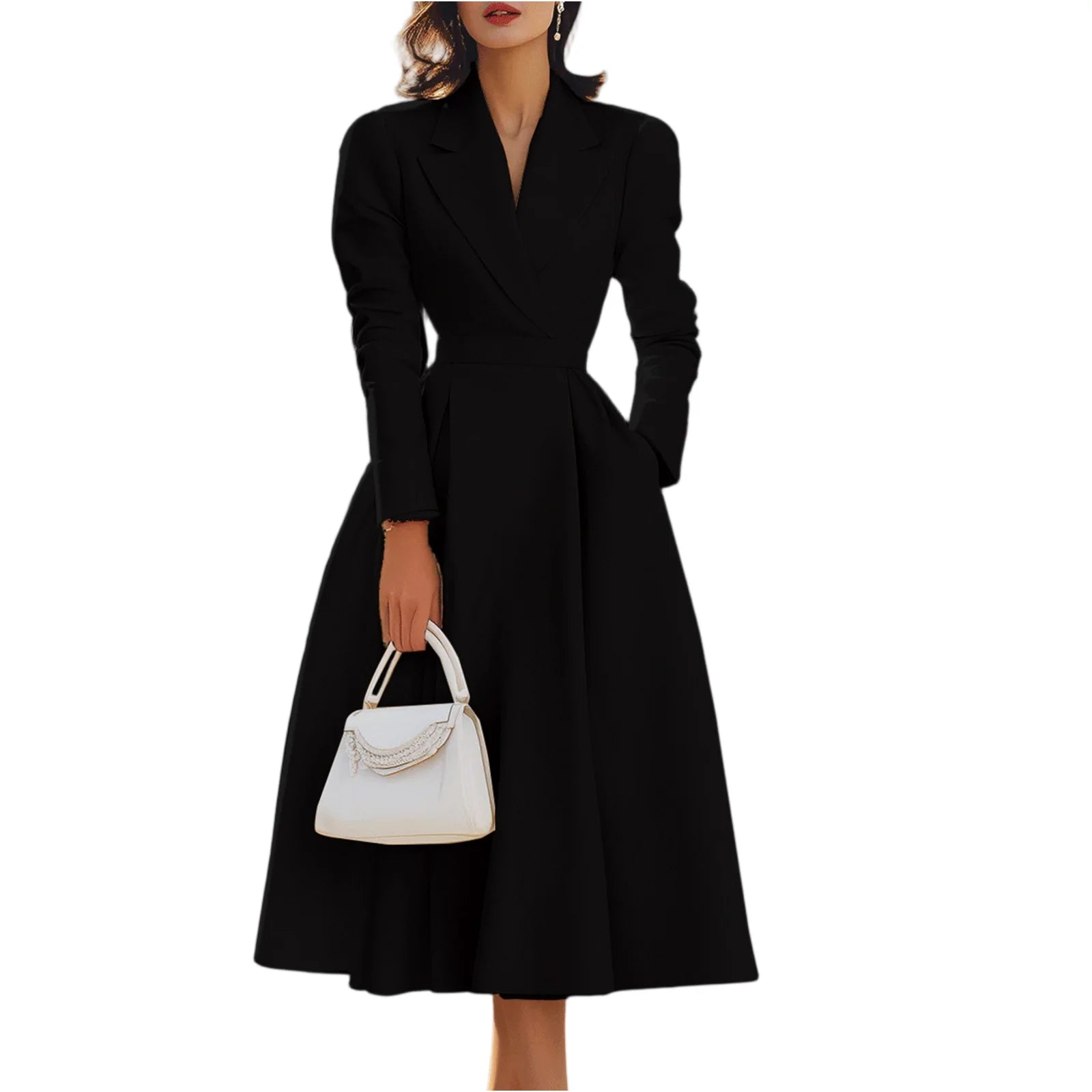 Autumn Winter Women's Elegant Long Dresses Fashion Solid-Color French V-Neck Waist-Cinching Evening Dress Ladies' Party Dresses