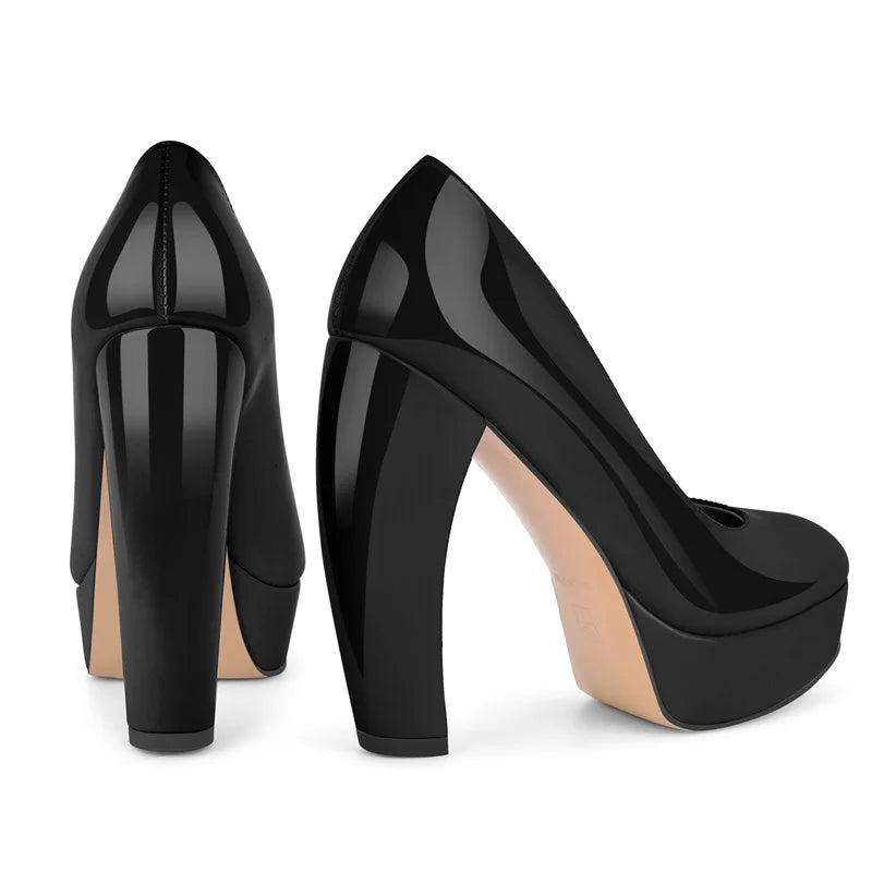 Pumps - Platform Patent Leather Chunky Heel - Round Toe | KIMLUD