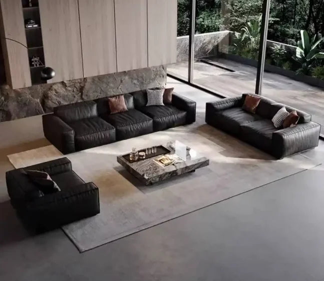 Genuine Leather Sectional Sofa Italian Minimalist Design With Plush Seating — Deep Black | KIMLUD