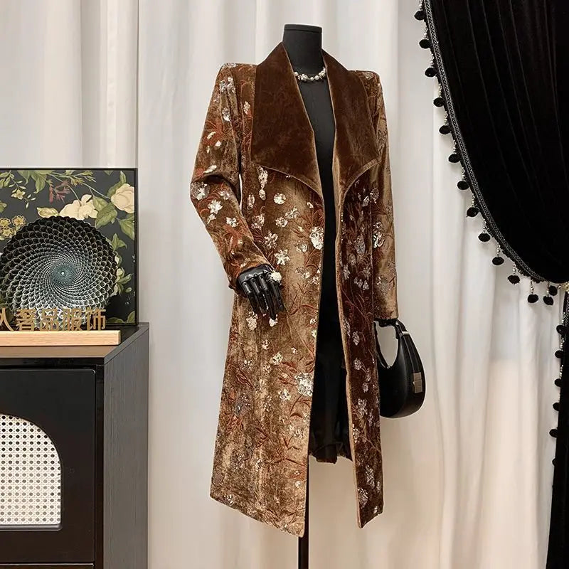 Luxury Design Women's Clothing Lapel Trench Coat Belt Sequin Embroidery Long Trench Coat High Quality Vintage Harajuku Outerwear