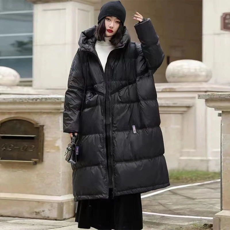 Lagabogy 2025 New Winter Women Oversize Long Puffer Coat Female Thick Warm White Duck Down Jacket Hooded Loose Parkas Outwear