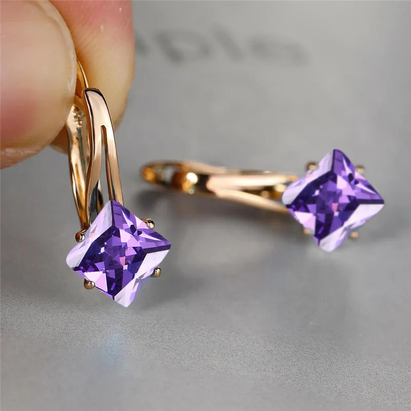 Rose Gold Hoop Earrings Square-Cut Cubic Zirconia — Rose Gold | KIMLUD