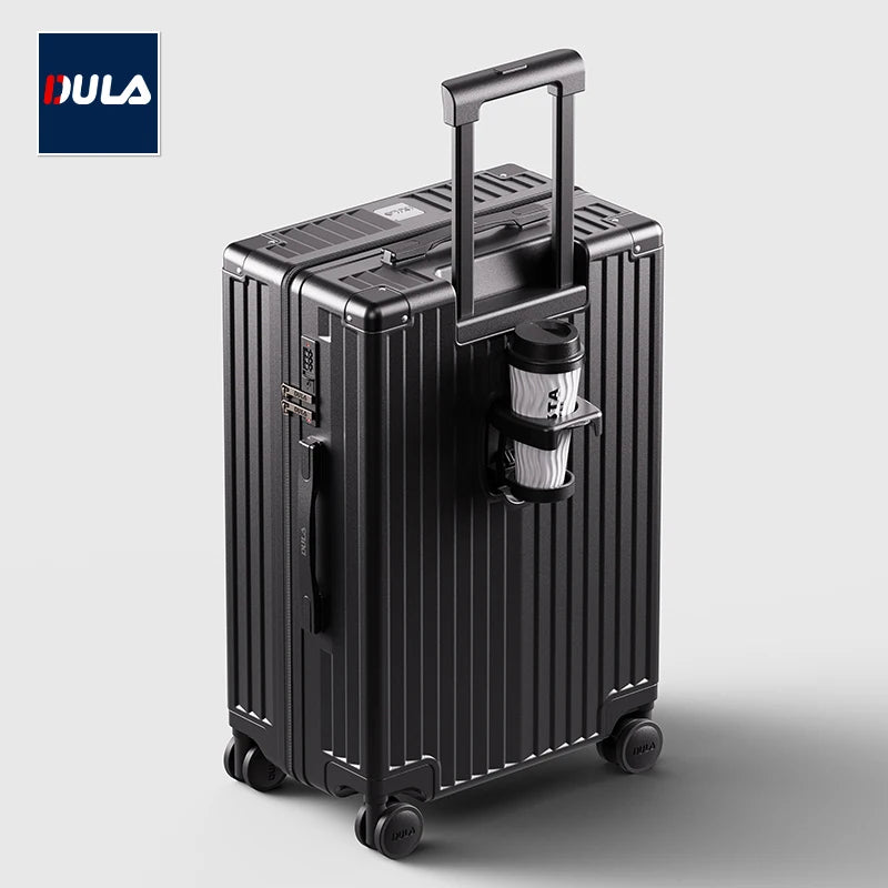 DULA Carry On Luggage with Cup Phone Holder Hard Shell Rolling Travel Suitcase with Spinner Wheels 20 24 26 Inch