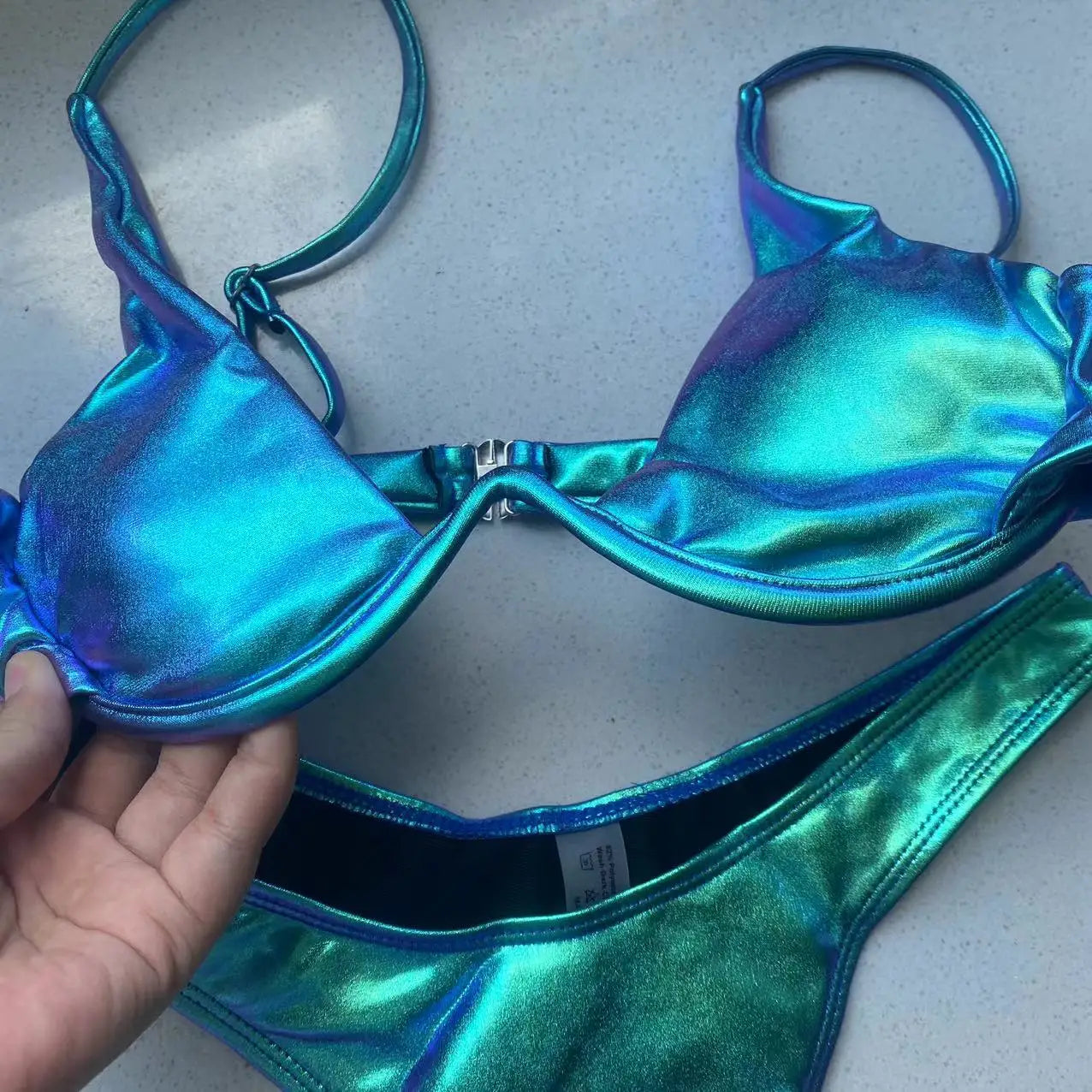 Holographic Triangle Bikini Push Up Thong Bandage Two-Piece Swimsuit — Blue | KIMLUD