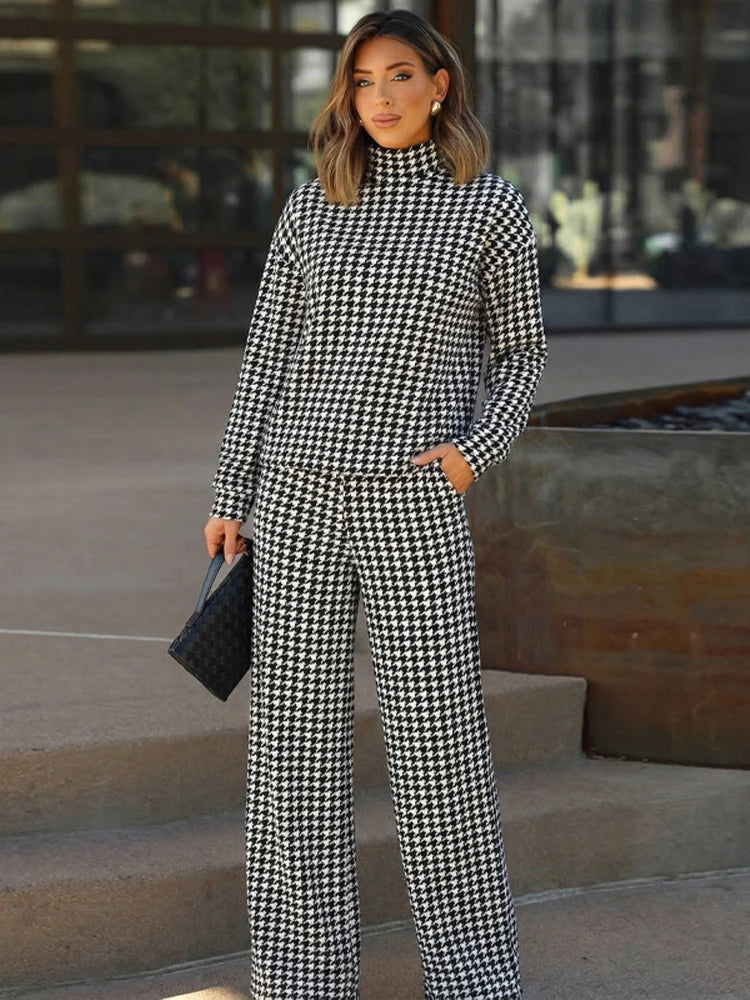 Houndstooth Half High Neck Top Pant Suit Women Color Blocking Full Sleeve Oversized Tops Leg Loose Pants Sets Lady Spring Set
