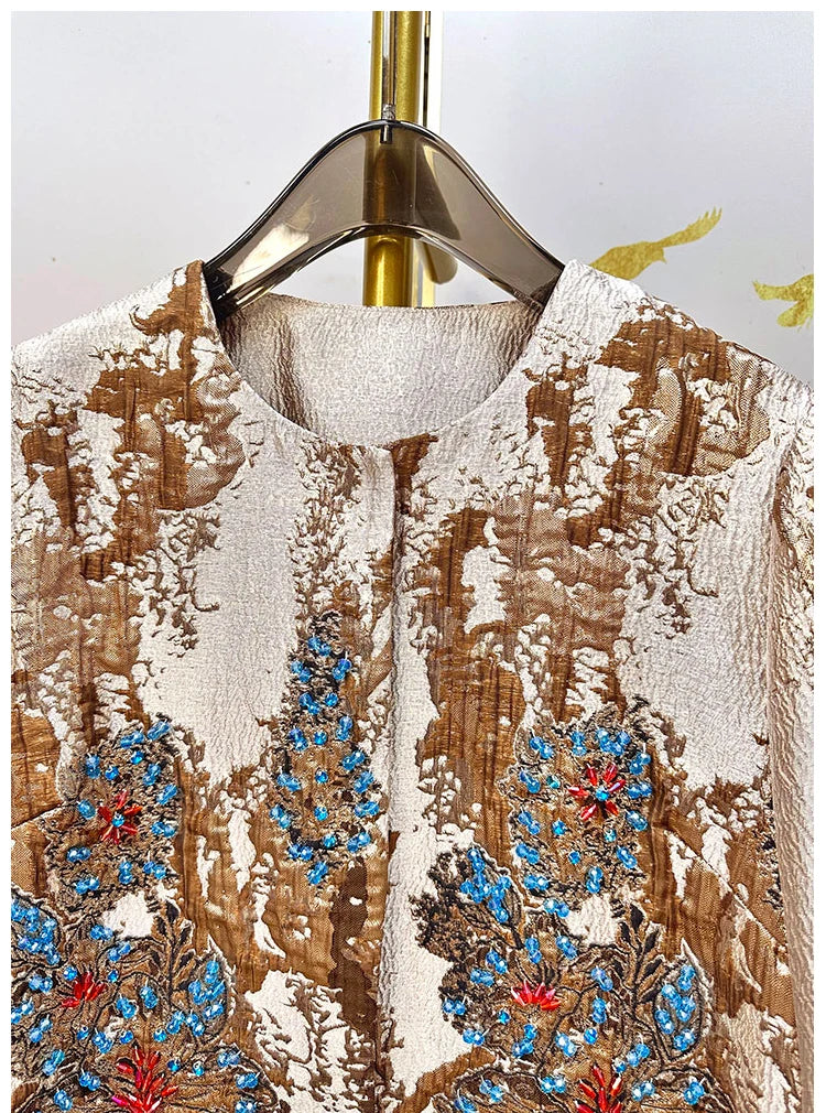Luxury Jacquard Coat for Women Autumn Winter Vintage Gold Embroidery Beaded 3/4 Sleeve Loose Outerwear Elegant Retro Jacket