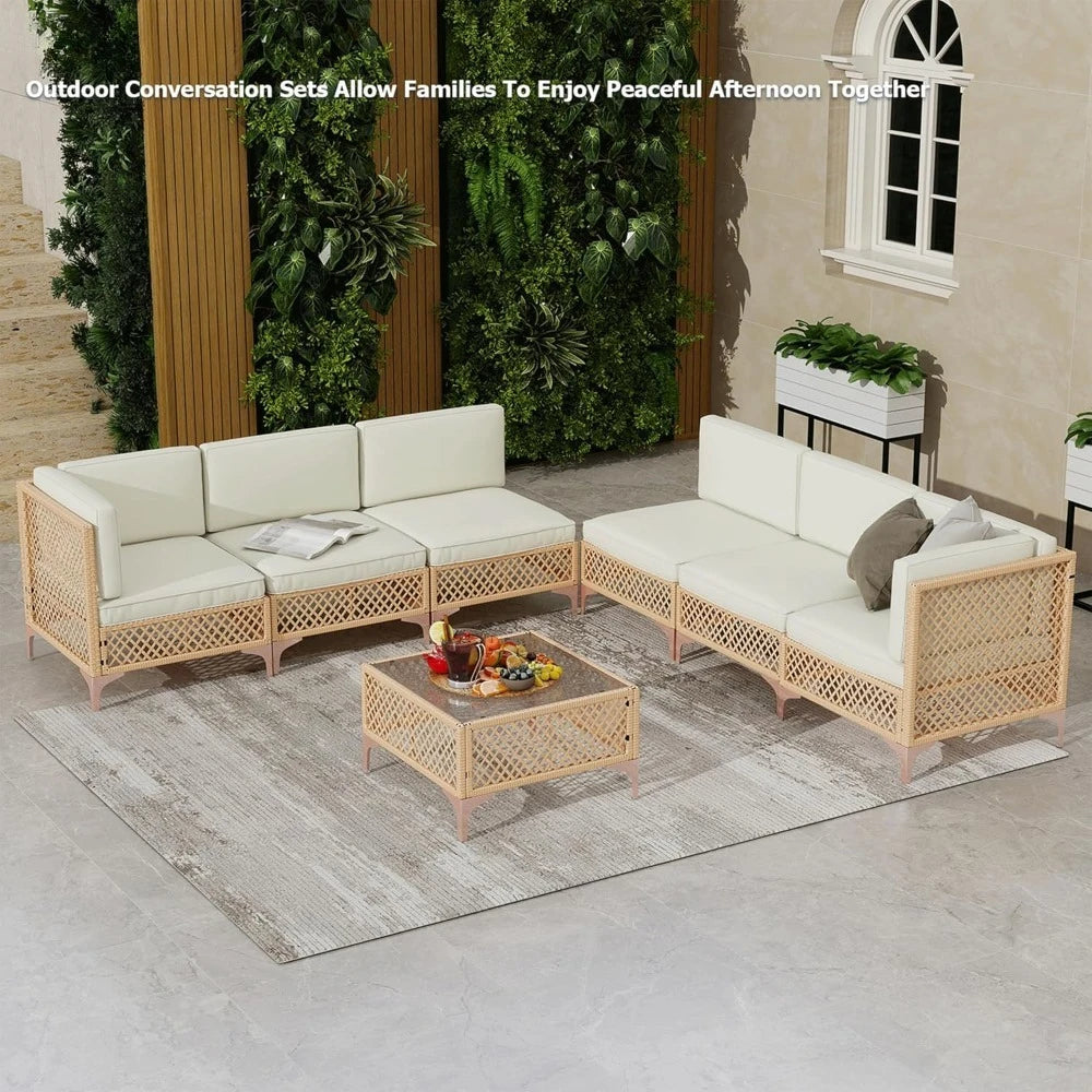 Outdoor Patio Furniture Set, Wicker Outdoor Sectional Set, Boho Patio Conversation Sectional Sofa with Large Tempered Glass Cof